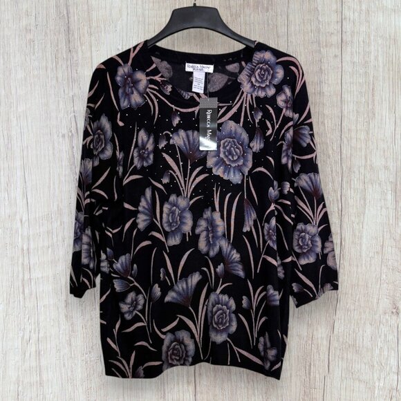 NWT REBECCA MALONE Black Blue Floral Rhinestone Lightweight Tunic Sweater 2X - Picture 2 of 5